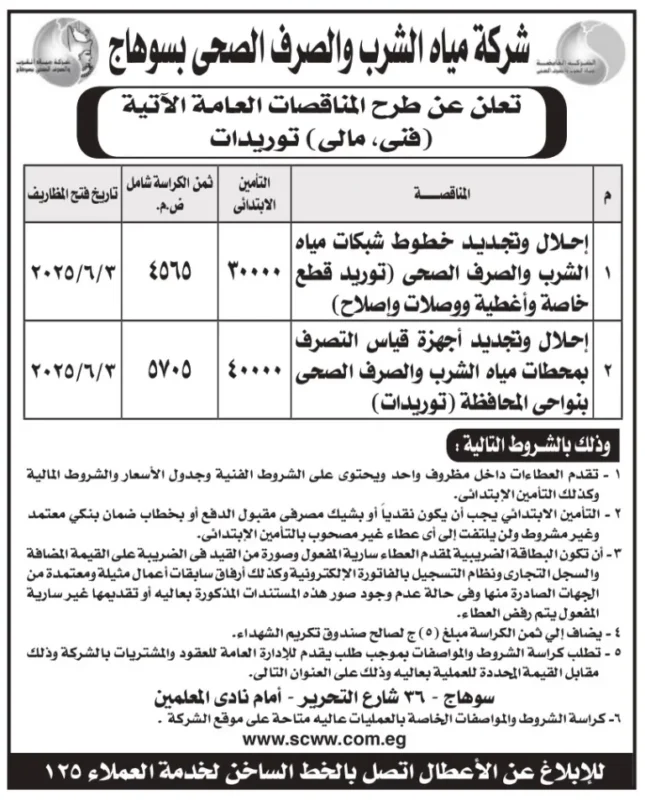 مناقصات مياه الشرب والصرف الصحي بسوهاج 2025: فرص مقاولات وتوريدات حيوية في قطاع البنية التحتية