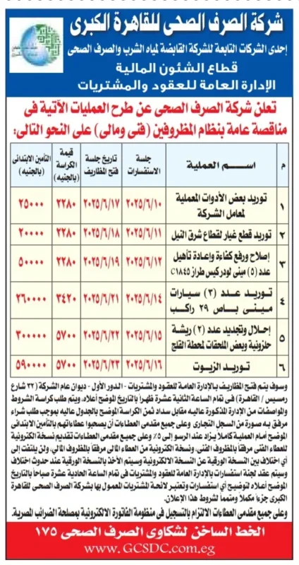 مناقصات كبرى من شركة الصرف الصحي بالقاهرة الكبرى بتاريخ 28 مايو 2025