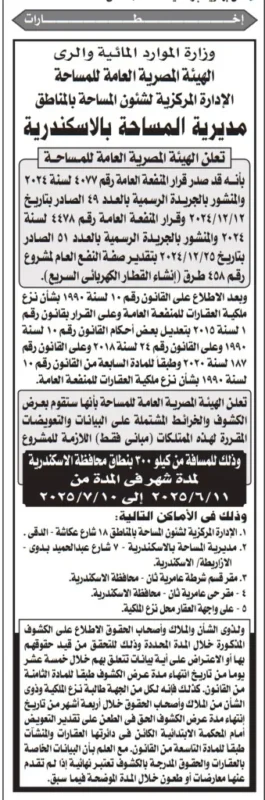 الإعلان الرسمي من الهيئة العامة للمساحة بشأن نزع ملكية أراضي مشروع طريق الإسكندرية – محور ك 270