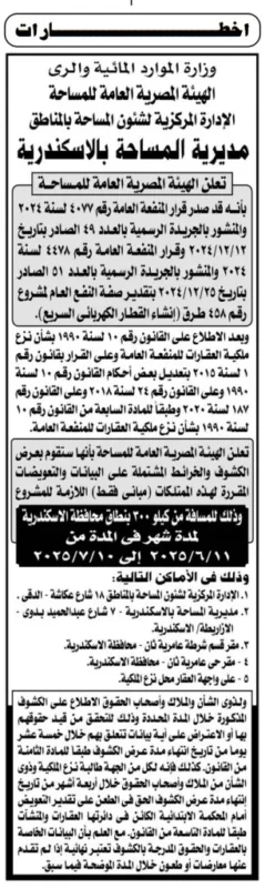 إعلان من الهيئة المصرية العامة للمساحة – عرض بيانات مشروع نزع ملكية لصالح وزارة الموارد المائية والري