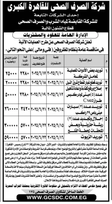مناقصات هامة من شركة الصرف الصحي للقاهرة الكبرى