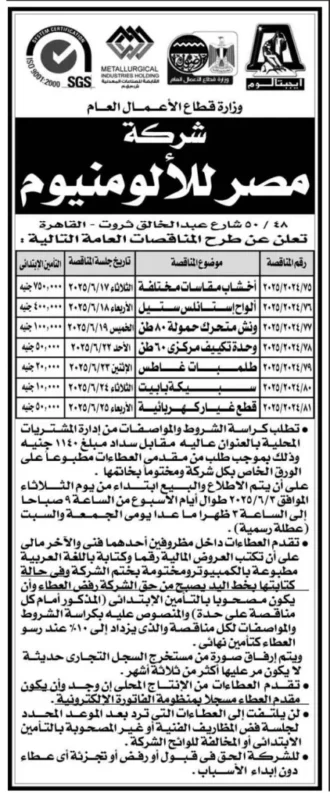 مناقصات شركة مصر للألومنيوم – يونيو ويوليو 2025