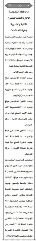 مزايدة محافظة القليوبية لتأجير عدد (7) محلات تجارية