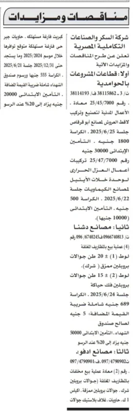 مناقصات ومزايدات من شركة السكر والصناعات التكاملية المصرية بتاريخ 4 يونيو 2025