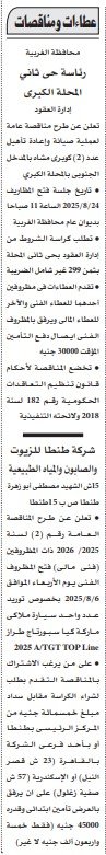 مناقصات صيانة كباري وتوريد سيارة ملاكي بمحافظة الغربية وشركة طنطا للزيوت – أغسطس 2025