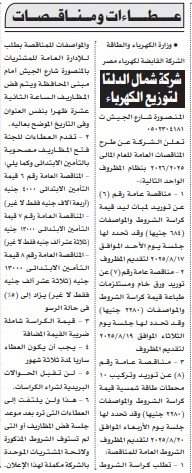 3 مناقصات عامة لوزارة الكهرباء والطاقة – شمال الدلتا لتوزيع الكهرباء أغسطس 2025
