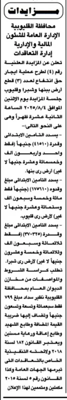 مزايدات رقم 4 تأجير حق انتفاع 3 أراضي بنها وشبرا وقليوب بمحافظة القليوبية – جلسة 4 أغسطس 2025