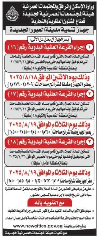 وزارة الإسكان والمرافق والمجتمعات العمرانية هيئة المجتمعات العمرانية الجديدة قطاع الشؤون العقارية والتجارية جهاز تنمية مدينة العبور الجديدة يسر الجهاز أن يعلن عن الآتي: 1- إجراء القرعة العلنية اليدوية رقم (16) لمستوفى المستندات الذين قاموا بسداد دفعة جدية الحجز. موعد الجلسة: الاثنين 2025/8/18 بمقر الجهاز. 2- إجراء القرعة العلنية اليدوية رقم (17) موعد الجلسة: الثلاثاء 2025/8/19 بمقر الجهاز. 3- إجراء القرعة العلنية اليدوية رقم (18) موعد الجلسة: الثلاثاء 2025/8/19 بمقر الجهاز. مع التنويه بضرورة الحضور قبل الموعد المحدد بساعة.
