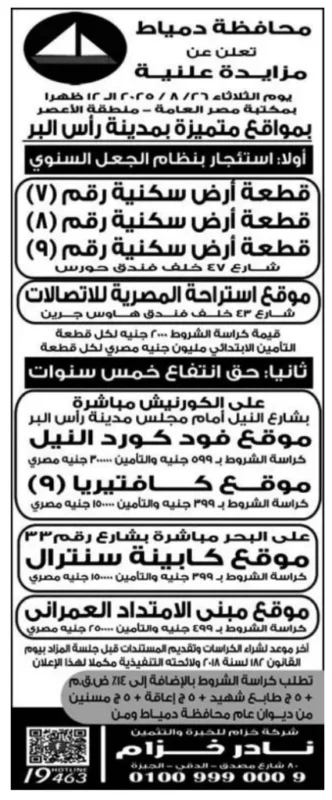مزايدة علنية لاستئجار مواقع مميزة بمدينة رأس البر – محافظة دمياط