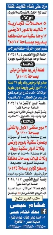 مزاد علني لبيع محلات تجارية وأراضي ومباني سكنية في القاهرة وأسيوط 2025