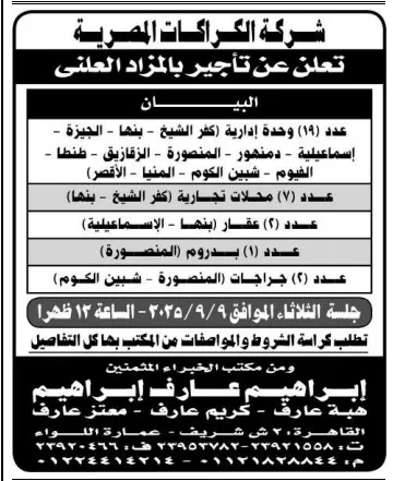 مزاد علني لشركة الكراكات المصرية لتأجير وحدات إدارية وتجارية 2025