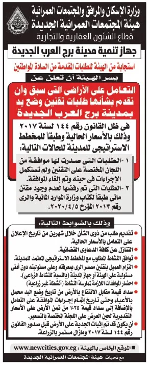 إعلان جهاز تنمية مدينة برج العرب الجديدة للتعامل على الأراضي 2025