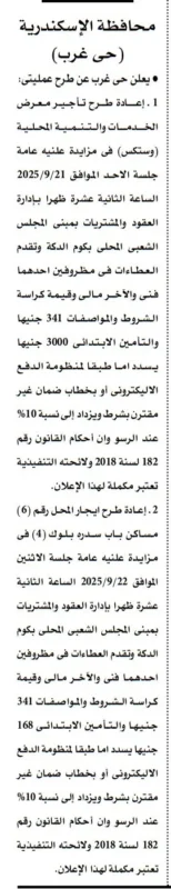 مزايدات علنية بمحافظة الإسكندرية – حي غرب لتأجير معرض ومساكن شعبية سبتمبر 2025