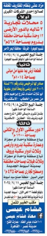 مزاد بيع محلات وشقق وأراضي بأسيوط الجديدة – 15 أغسطس 2025
