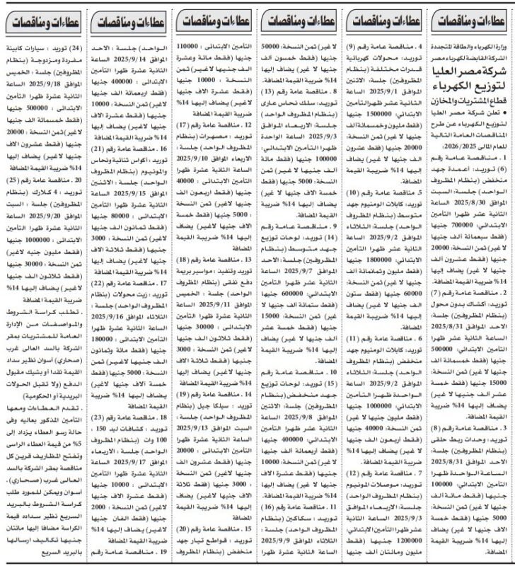 مناقصات و مزايدات جريدة الأهرام عدد الأربعاء 20-08-2025