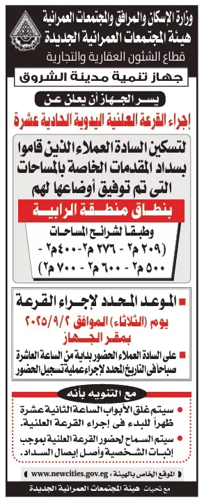 إجراء القرعة العلنية لتخصيص الأراضي بجهاز مدينة الشروق 2025