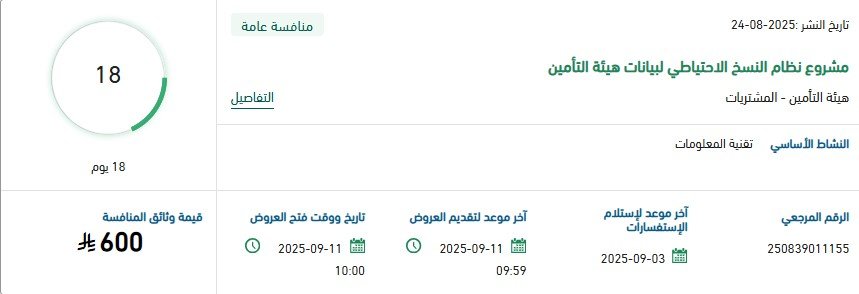 منافسة هيئة التأمين لمشروع نظام النسخ الاحتياطي لبيانات الهيئة 2025