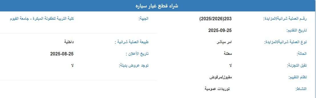 أمر مباشر لشراء قطع غيار سيارات بكلية التربية للطفولة المبكرة – جامعة الفيوم 2025
