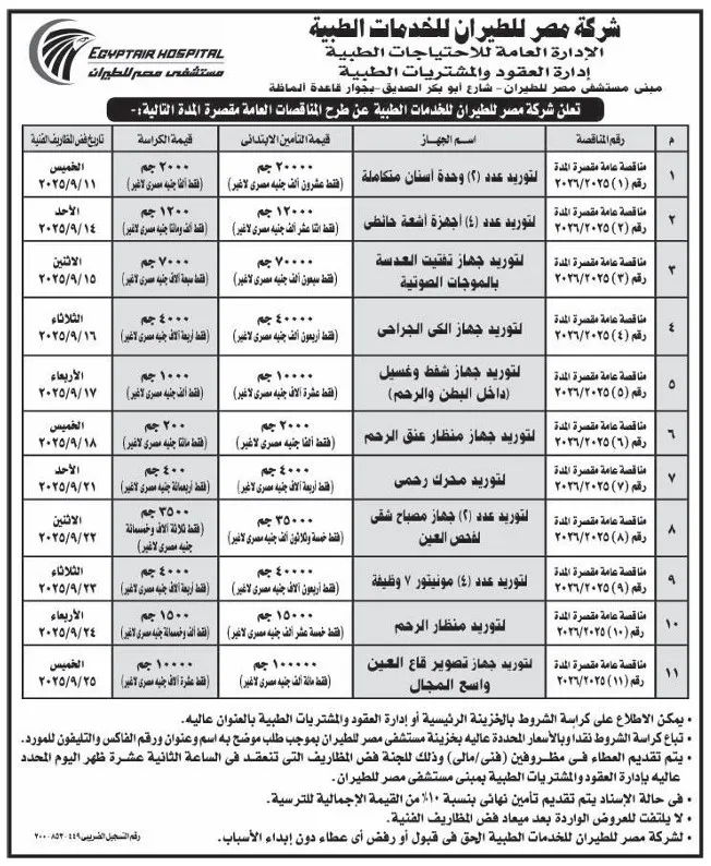 مناقصات شركة مصر للطيران للخدمات الطبية لتوريد أجهزة ومعدات طبية 2025