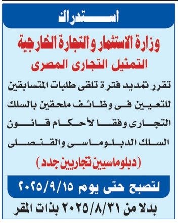 استمرار التقديم لوظائف التمثيل التجاري المصري – وزارة الاستثمار والتجارة الخارجية 2025