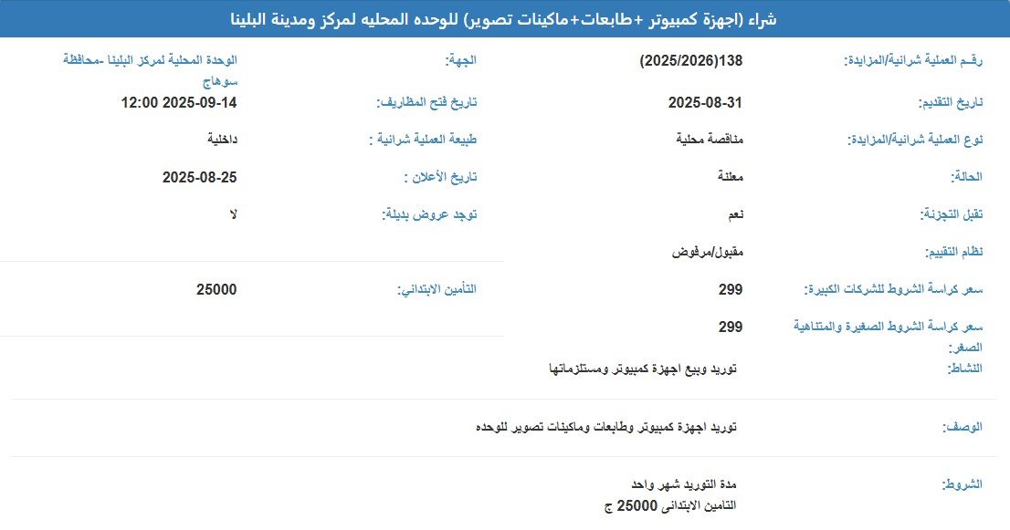 مناقصة محلية لشراء أجهزة كمبيوتر وطابعات وماكينات تصوير للوحدة المحلية لمركز ومدينة البلينا – سوهاج 2025