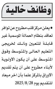 وظائف خالية بمركز قلب مطروح بنظام العمالة الموسمية 2025