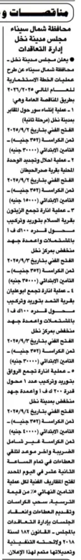 مناقصات مجلس مدينة نخل بمحافظة شمال سيناء لتنفيذ مشروعات تنموية 2025