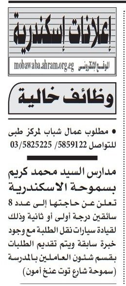 وظائف خالية بمدارس السيد محمد كريم بسموحة – الإسكندرية 2025