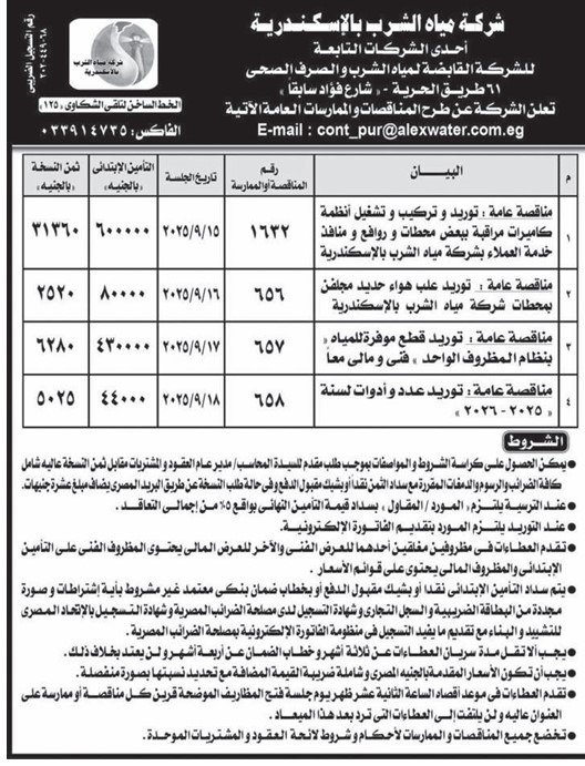 مناقصات شركة مياه الشرب بالإسكندرية 2025 – توريد معدات ومحطات ومعامل كبرى