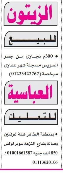 عقارات للبيع والتمليك بالزيتون والعباسية بتاريخ 29 أغسطس 2025
