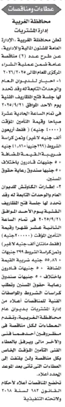 مناقصات محافظة الغربية 2025 لتوريد أجهزة كهربائية وإطارات سيارات
