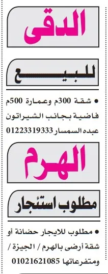 عقارات للبيع والاستئجار بالدقي والهرم بتاريخ 29 أغسطس 2025