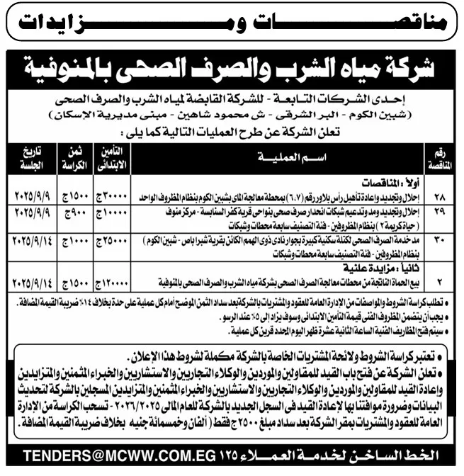 مناقصات شركة مياه الشرب والصرف الصحي بالمنوفية – سبتمبر 2025