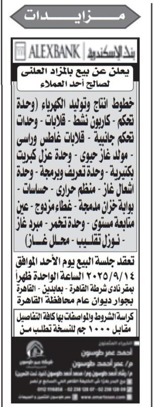 مزاد علني لبنك الإسكندرية لبيع خطوط إنتاج ومعدات صناعية بالقاهرة – 14 سبتمبر 2025