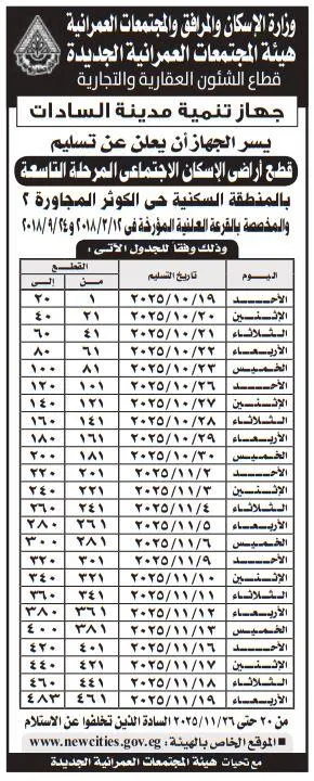 إعلان تسليم أراضي الإسكان الاجتماعي بمدينة السادات المرحلة التاسعة 11-09-2025