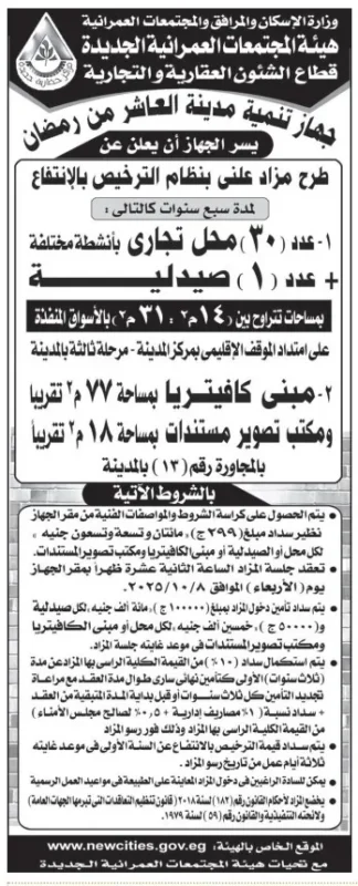 مزايدة تأجير 30 محل تجاري وصيدلية وكافيتريا بمدينة العاشر من رمضان 2025