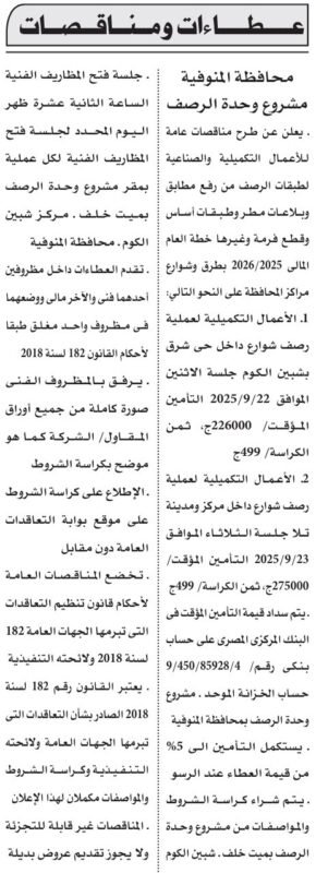 مناقصات محافظة المنوفية لرصف الطرق والشوارع 2025