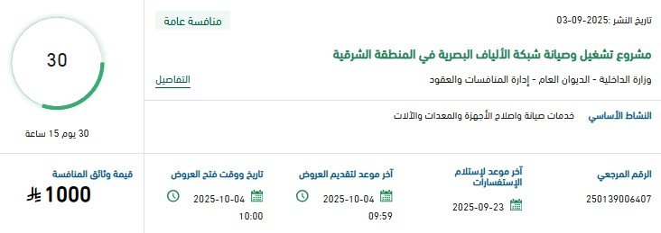 مناقصة تشغيل وصيانة شبكة الألياف البصرية في المنطقة الشرقية 2025