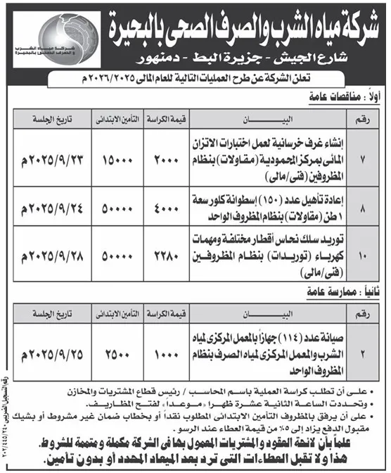مناقصات شركة مياه الشرب والصرف الصحي بالبحيرة 2025 – الأهرام
