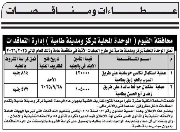 مناقصات محافظة الفيوم 2025: استكمال طرق وصرف صحي بمركز ومدينة طامية