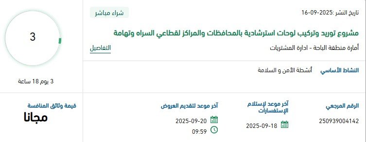 مشروع توريد وتركيب لوحات إرشادية بالمحافظات والمراكز لقطاعي السراه وتهامة – شراء مباشر - 2025