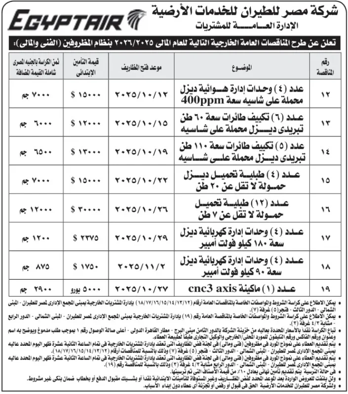 مناقصات مصر للطيران للخدمات الأرضية لشراء معدات ومحركات ديزل 2025