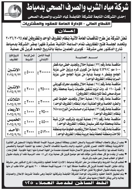 مناقصات شركة مياه الشرب والصرف الصحي بدمياط توريدات ومقاولات 2025