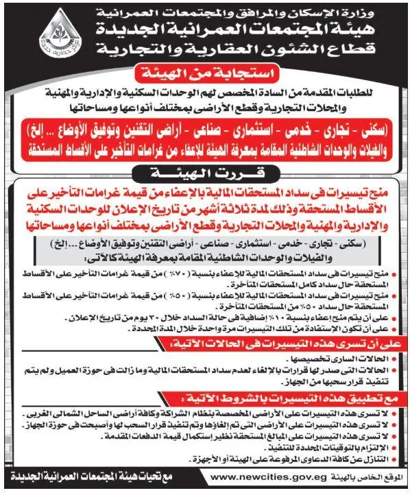 استجابة من هيئة المجتمعات العمرانية الجديدة لملاك الوحدات والأنشطة المتنوعة