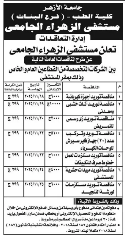 جامعة الأزهر – مستشفى الزهراء الجامعي تطرح مناقصات عامة لتوريد أجهزة ومعدات