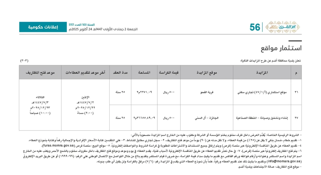 مناقصات ومزايدات بلدية محافظة أضم 🏗️ – جريدة أم القرى عدد 5117 بتاريخ 24 أكتوبر 2025م