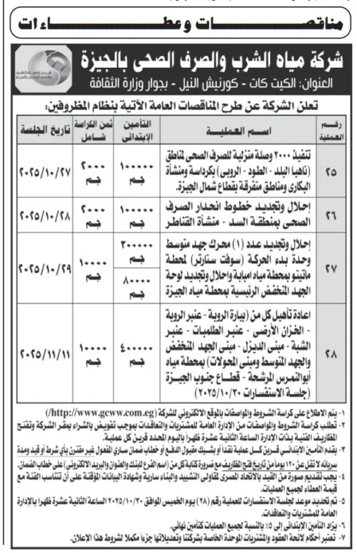 مناقصات شركة مياه الشرب والصرف الصحي بالجيزة لتنفيذ أعمال التطوير والصيانة بمحطات المياه