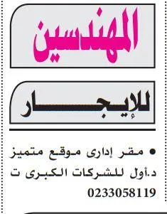 مقر إداري للإيجار بالمهندسين بموقع متميز للشركات الكبرى