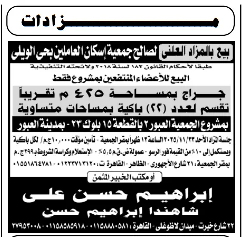 مزاد جمعية إسكان العاملين بحي الوليدي – بيع جرار بمساحة 465 م بمدينة العبور