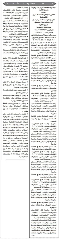 عطاءات و مناقصات الإدارة العامة لري المنوفية - شبين الكوم - لرفع كفاءة مبنى الإدارة المركزية / هندسة رى شبين الكوم / هندستى رى شرق و غرب اشمون / مبنى التليمترى / هندسة ري الباجور / مبنى الورش